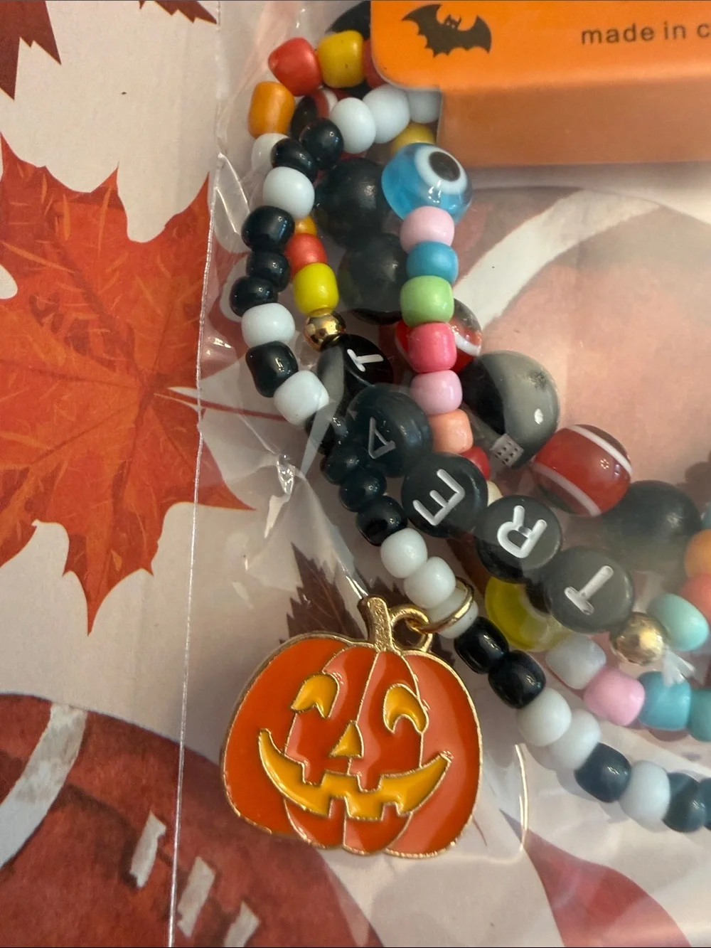 Mint Multicolor Kids Beaded Halloween Bracelet Set with Orange Pumpkin Charm
